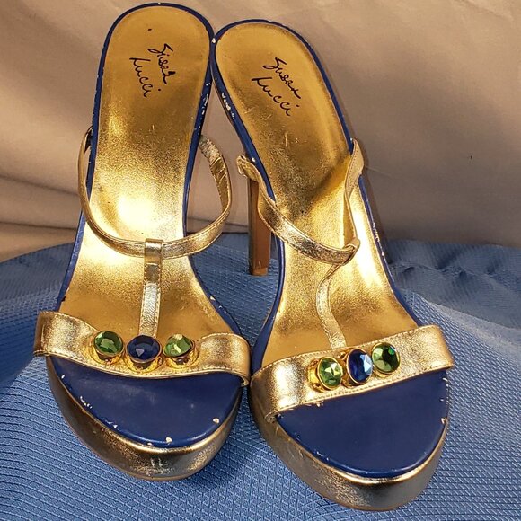 Susan Lucci Gold & Blue Heels Size 10M - Picture 1 of 8